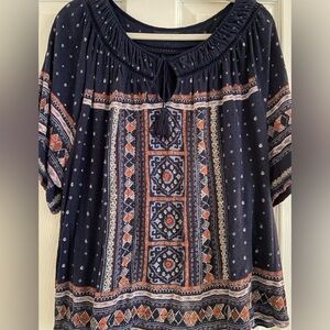 Lucky Brand Navy and Orange Patterned Blouse